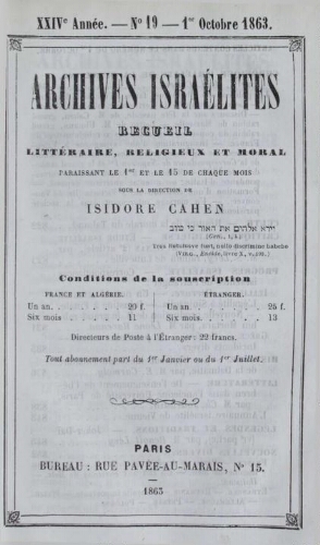 Archives israélites de France. Vol.24 N°19 (01 oct. 1863)